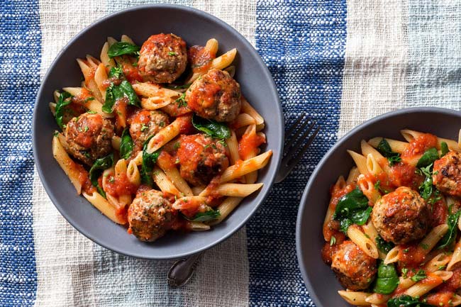 Photo of Sunbasket's Turkey meatballs and penne in marinara sauce from the Mediterranean Meal Plan